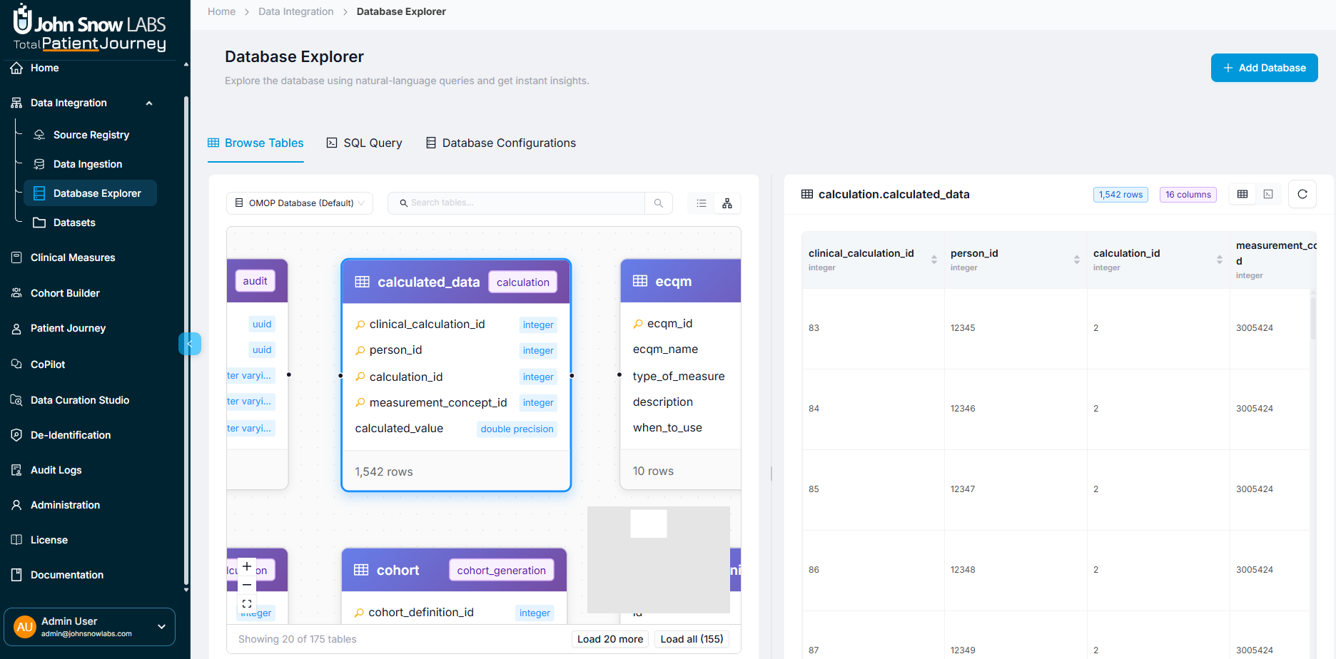 Database Explorer Relational View showing entity-relationship diagram with tables, fields, and foreign key connections